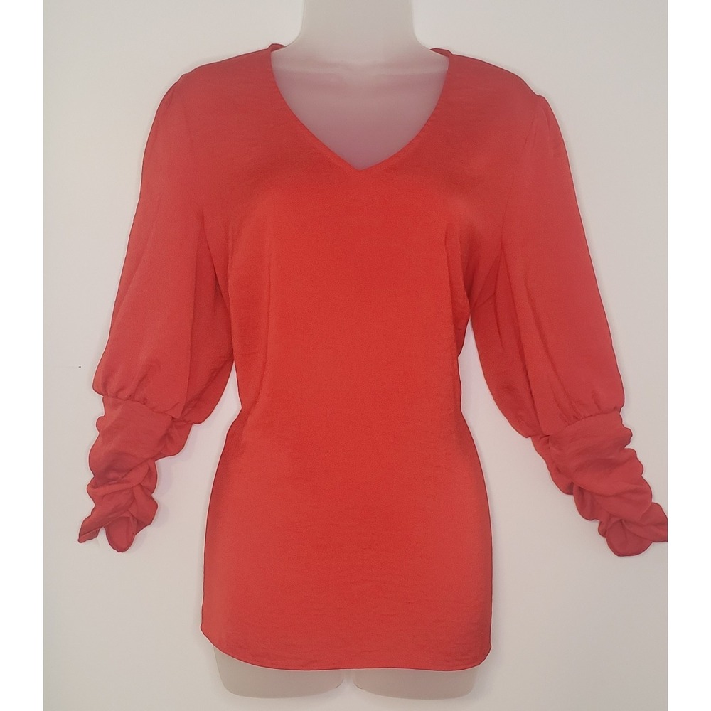 Cabi Aurora Blouse 3/4 Ruched Sleeves V Neck Vibrant Red Women's Medium #5709